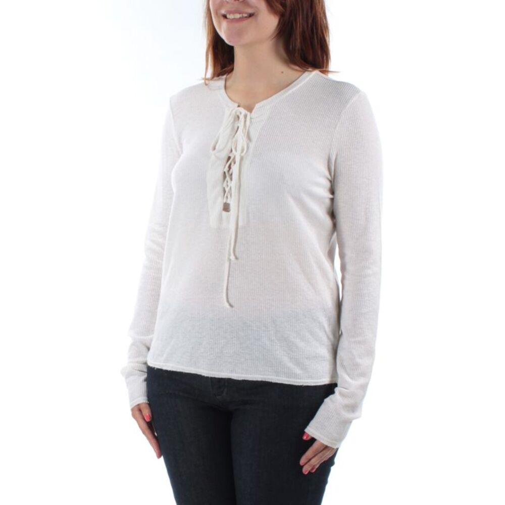 CHELSEA SKY Womens Ivory Tie Long Sleeve V Neck Tunic Top Size: S